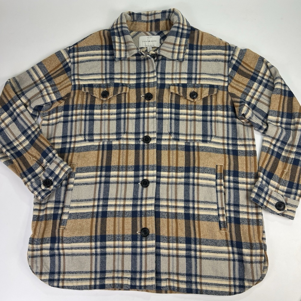 Lucky Brand Women's S Flannel Shacket Ivory Tan Blue Plaid Lumberjane Oversized